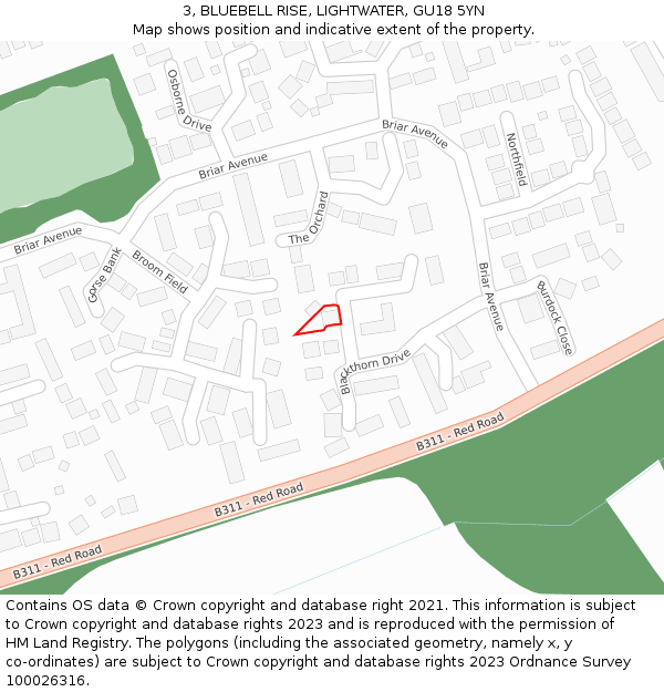 3, BLUEBELL RISE, LIGHTWATER, GU18 5YN: Location map and indicative extent of plot