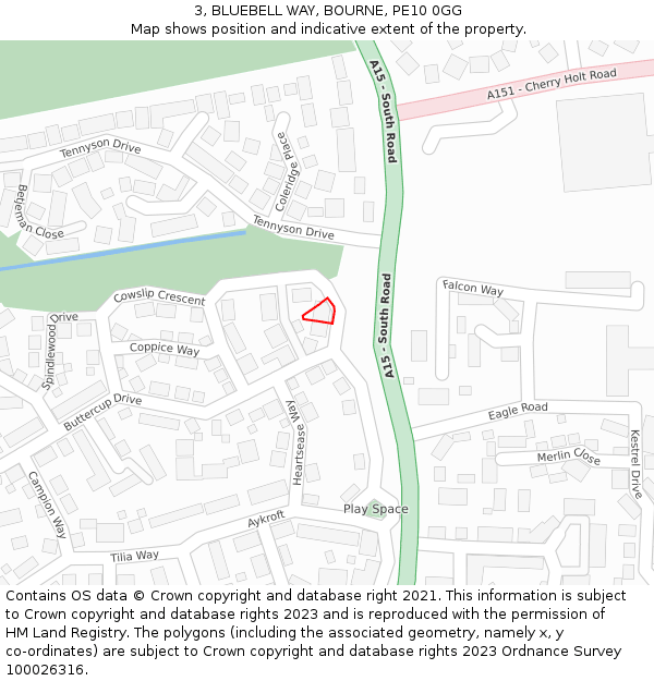 3, BLUEBELL WAY, BOURNE, PE10 0GG: Location map and indicative extent of plot