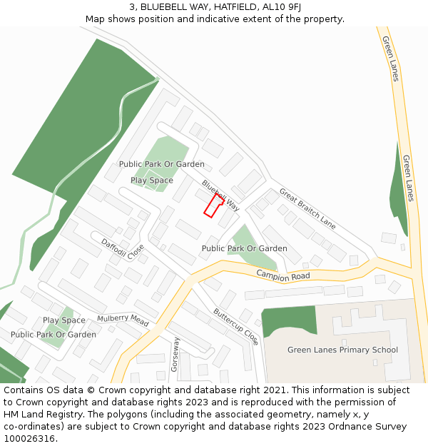 3, BLUEBELL WAY, HATFIELD, AL10 9FJ: Location map and indicative extent of plot