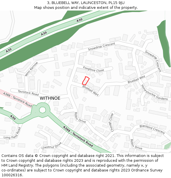 3, BLUEBELL WAY, LAUNCESTON, PL15 9JU: Location map and indicative extent of plot