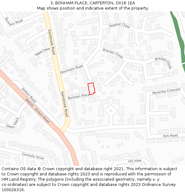 3, BONHAM PLACE, CARTERTON, OX18 1EA: Location map and indicative extent of plot
