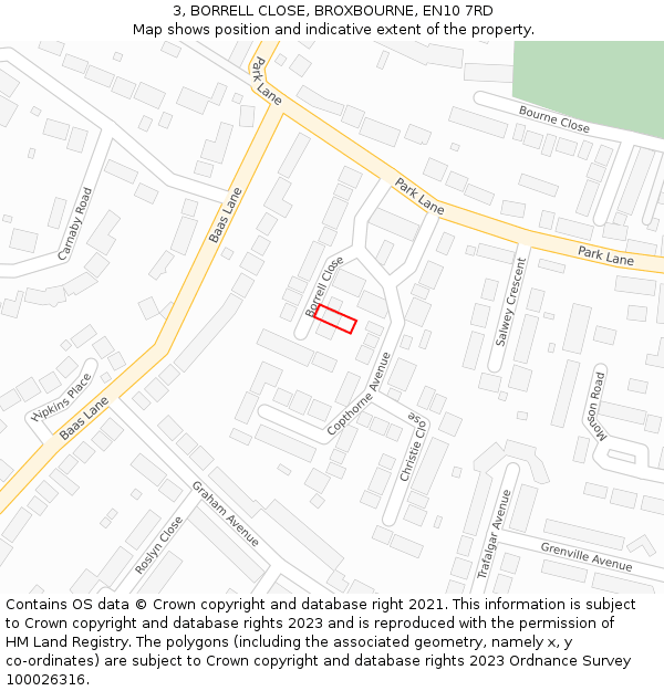 3, BORRELL CLOSE, BROXBOURNE, EN10 7RD: Location map and indicative extent of plot