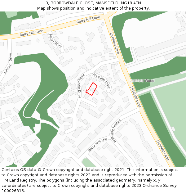 3, BORROWDALE CLOSE, MANSFIELD, NG18 4TN: Location map and indicative extent of plot