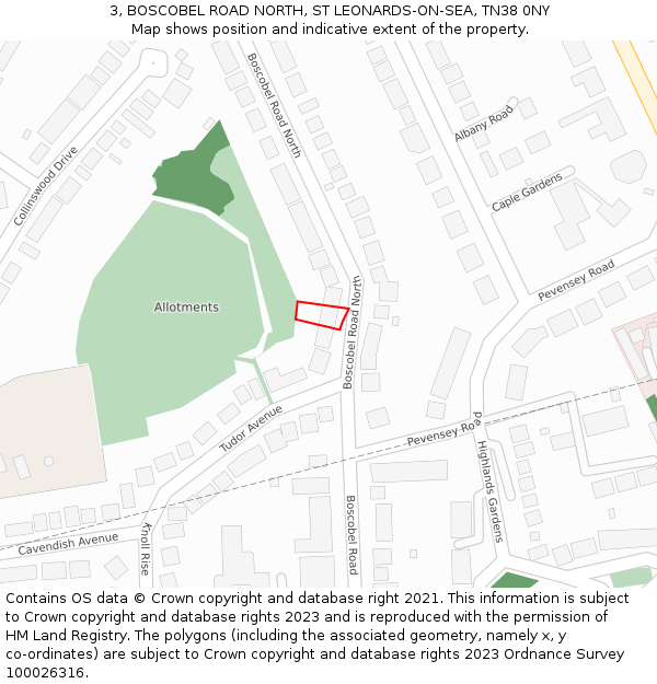 3, BOSCOBEL ROAD NORTH, ST LEONARDS-ON-SEA, TN38 0NY: Location map and indicative extent of plot