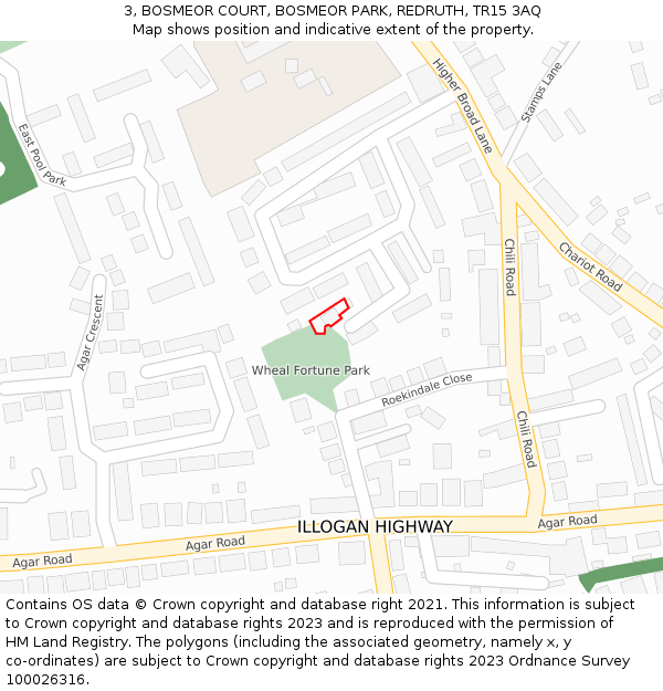 3, BOSMEOR COURT, BOSMEOR PARK, REDRUTH, TR15 3AQ: Location map and indicative extent of plot