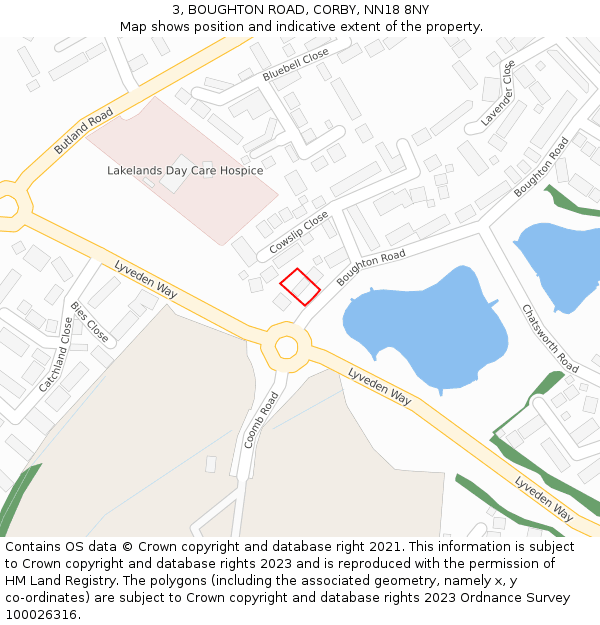 3, BOUGHTON ROAD, CORBY, NN18 8NY: Location map and indicative extent of plot