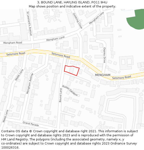 3, BOUND LANE, HAYLING ISLAND, PO11 9HU: Location map and indicative extent of plot