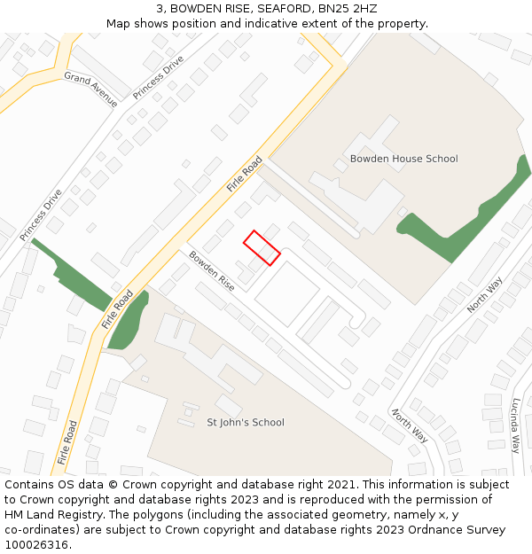 3, BOWDEN RISE, SEAFORD, BN25 2HZ: Location map and indicative extent of plot