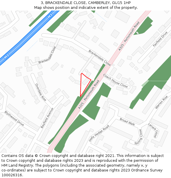 3, BRACKENDALE CLOSE, CAMBERLEY, GU15 1HP: Location map and indicative extent of plot