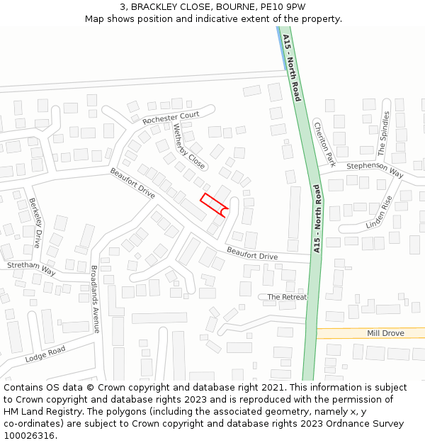 3, BRACKLEY CLOSE, BOURNE, PE10 9PW: Location map and indicative extent of plot