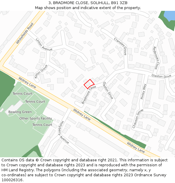 3, BRADMORE CLOSE, SOLIHULL, B91 3ZB: Location map and indicative extent of plot