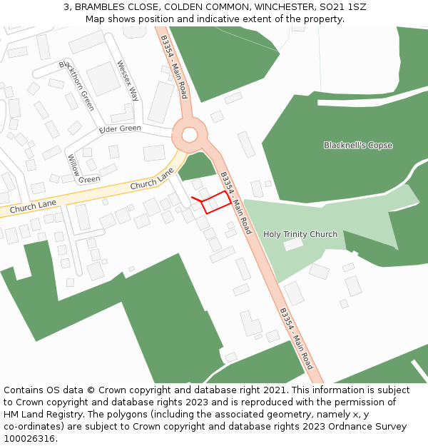 3, BRAMBLES CLOSE, COLDEN COMMON, WINCHESTER, SO21 1SZ: Location map and indicative extent of plot