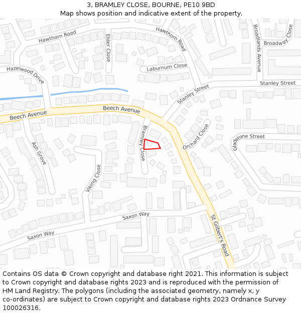 3, BRAMLEY CLOSE, BOURNE, PE10 9BD: Location map and indicative extent of plot