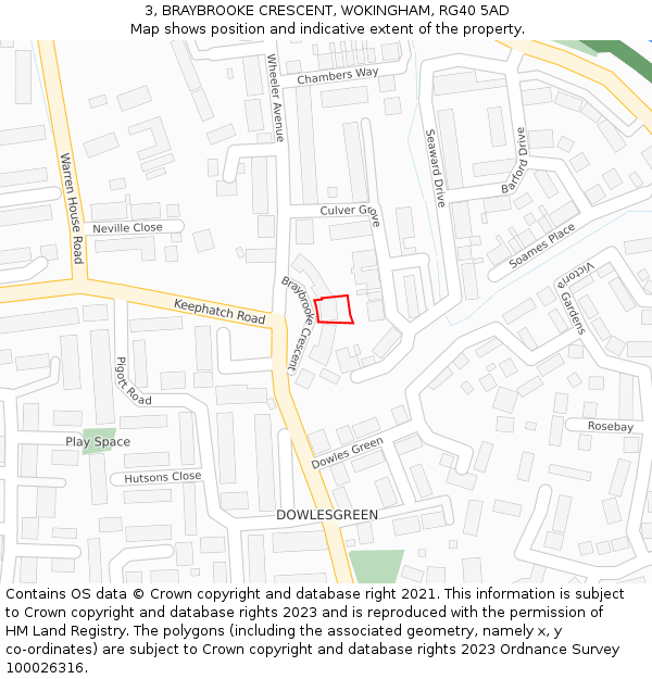 3, BRAYBROOKE CRESCENT, WOKINGHAM, RG40 5AD: Location map and indicative extent of plot