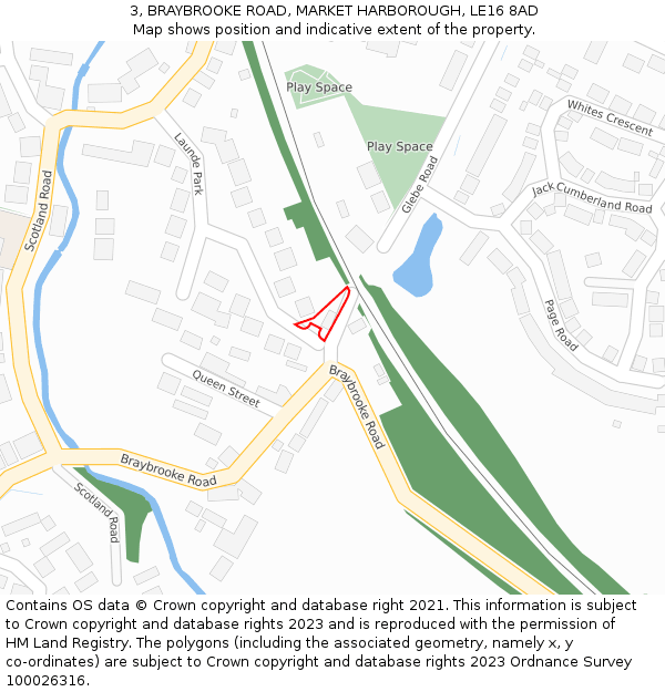 3, BRAYBROOKE ROAD, MARKET HARBOROUGH, LE16 8AD: Location map and indicative extent of plot