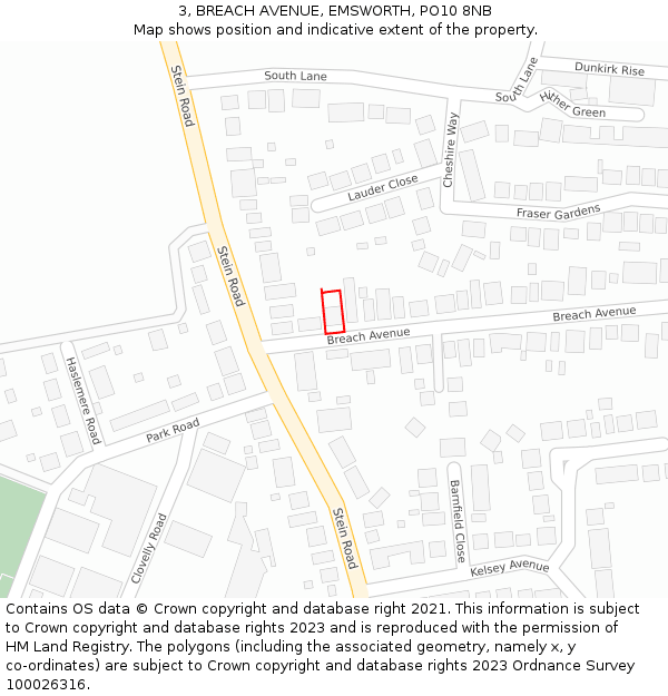 3, BREACH AVENUE, EMSWORTH, PO10 8NB: Location map and indicative extent of plot