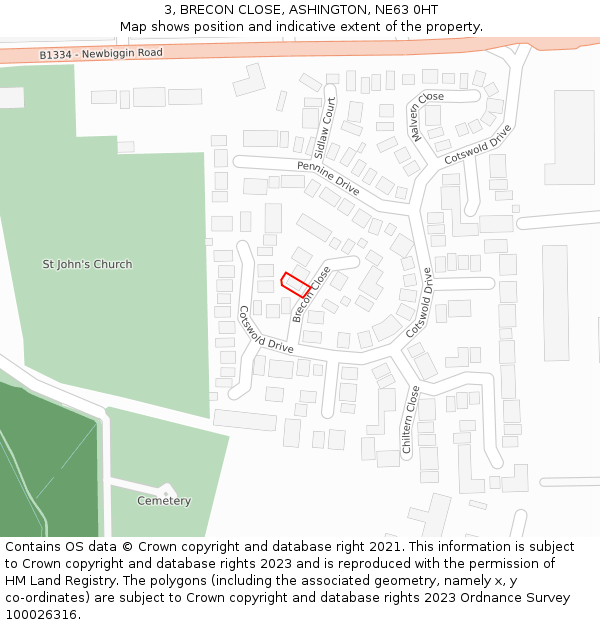 3, BRECON CLOSE, ASHINGTON, NE63 0HT: Location map and indicative extent of plot