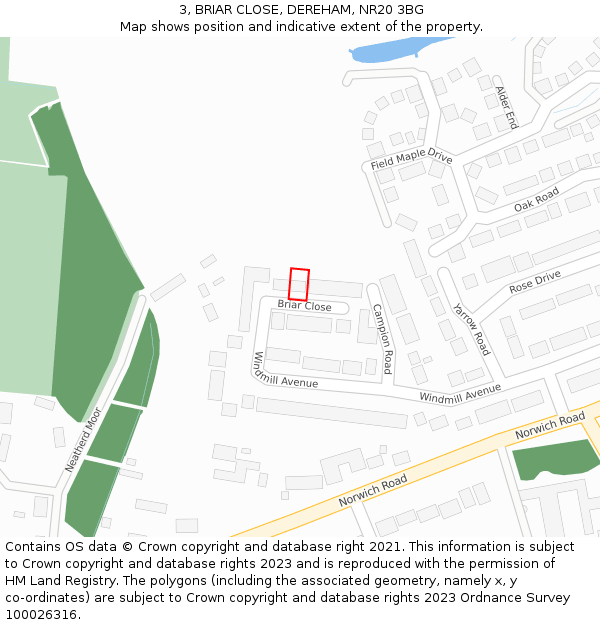 3, BRIAR CLOSE, DEREHAM, NR20 3BG: Location map and indicative extent of plot