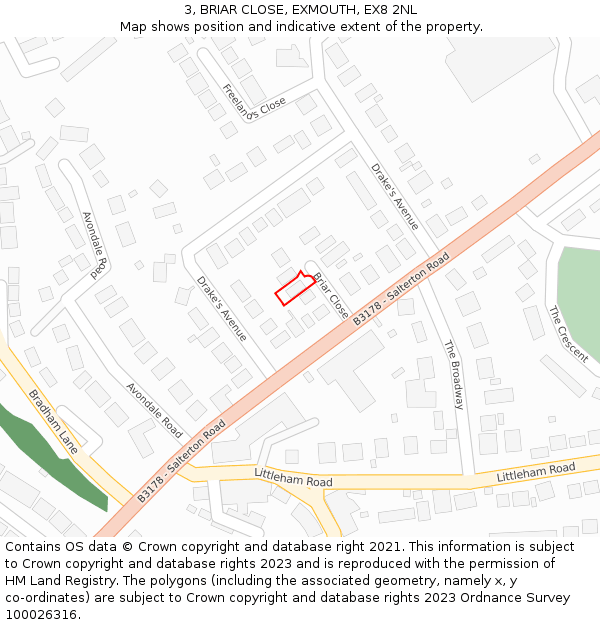 3, BRIAR CLOSE, EXMOUTH, EX8 2NL: Location map and indicative extent of plot