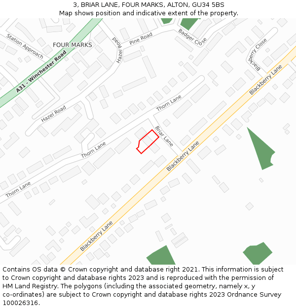 3, BRIAR LANE, FOUR MARKS, ALTON, GU34 5BS: Location map and indicative extent of plot