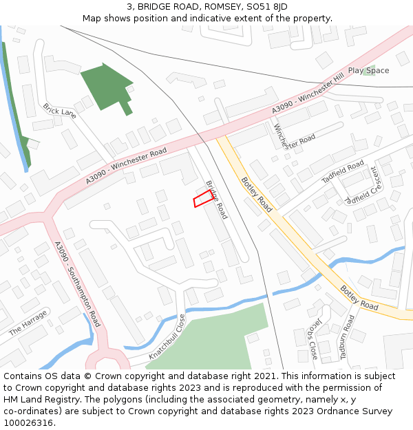 3, BRIDGE ROAD, ROMSEY, SO51 8JD: Location map and indicative extent of plot