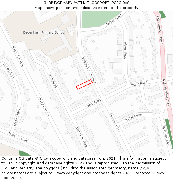 3, BRIDGEMARY AVENUE, GOSPORT, PO13 0XS: Location map and indicative extent of plot