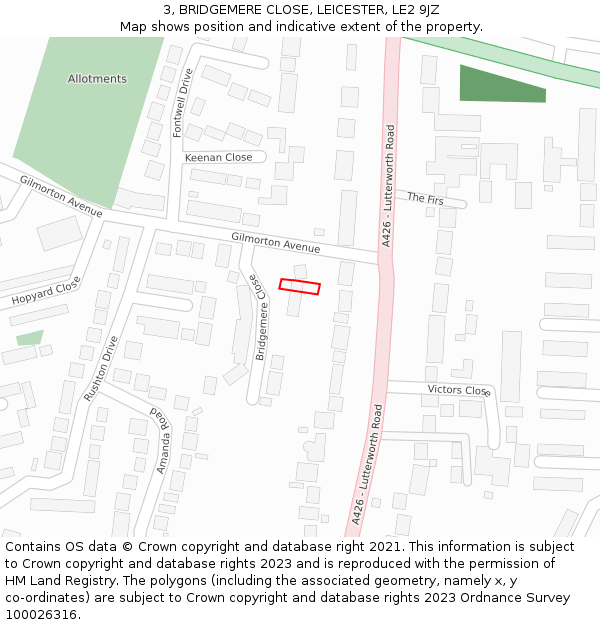 3, BRIDGEMERE CLOSE, LEICESTER, LE2 9JZ: Location map and indicative extent of plot