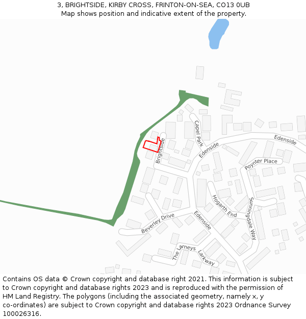 3, BRIGHTSIDE, KIRBY CROSS, FRINTON-ON-SEA, CO13 0UB: Location map and indicative extent of plot