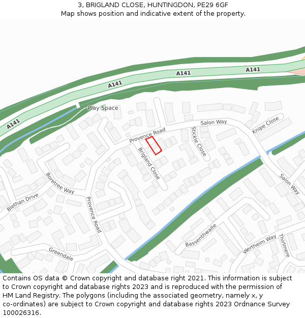 3, BRIGLAND CLOSE, HUNTINGDON, PE29 6GF: Location map and indicative extent of plot