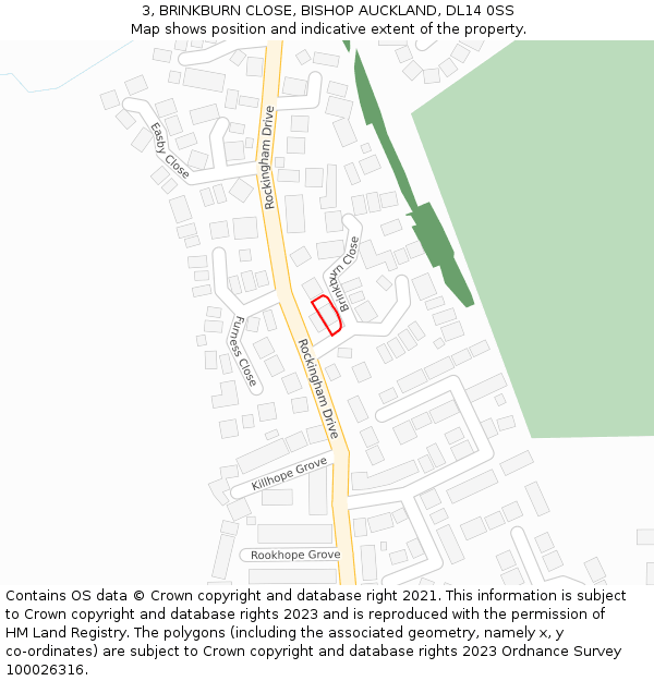 3, BRINKBURN CLOSE, BISHOP AUCKLAND, DL14 0SS: Location map and indicative extent of plot