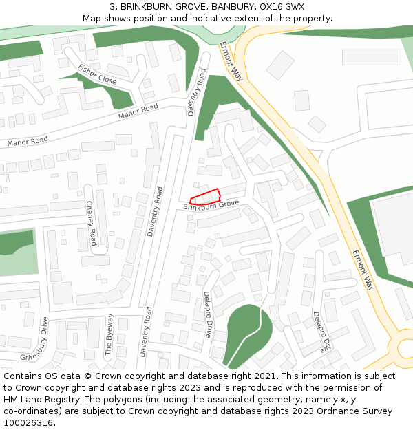 3, BRINKBURN GROVE, BANBURY, OX16 3WX: Location map and indicative extent of plot