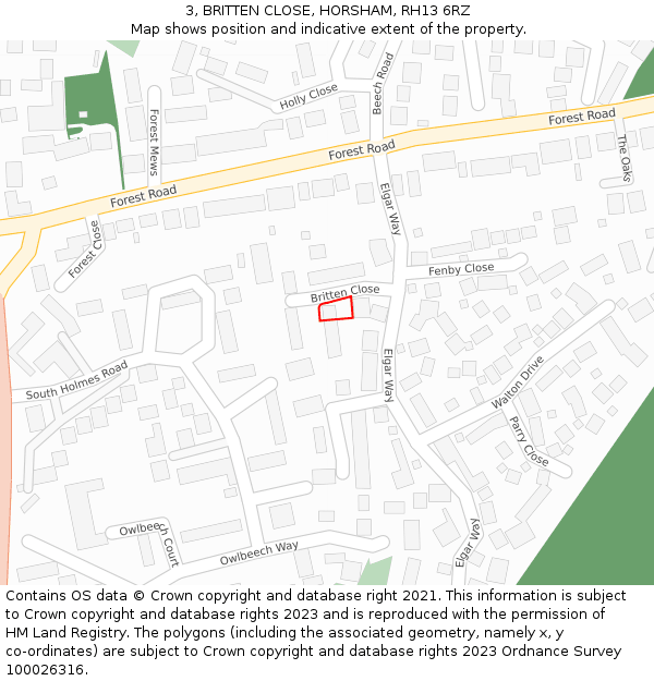 3, BRITTEN CLOSE, HORSHAM, RH13 6RZ: Location map and indicative extent of plot