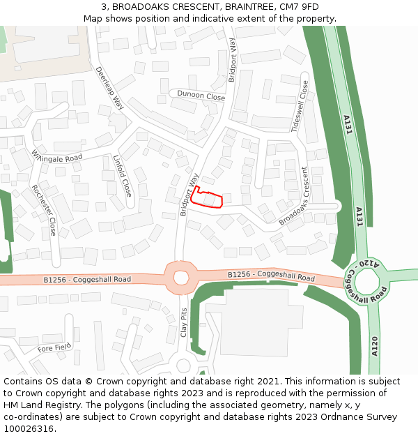 3, BROADOAKS CRESCENT, BRAINTREE, CM7 9FD: Location map and indicative extent of plot