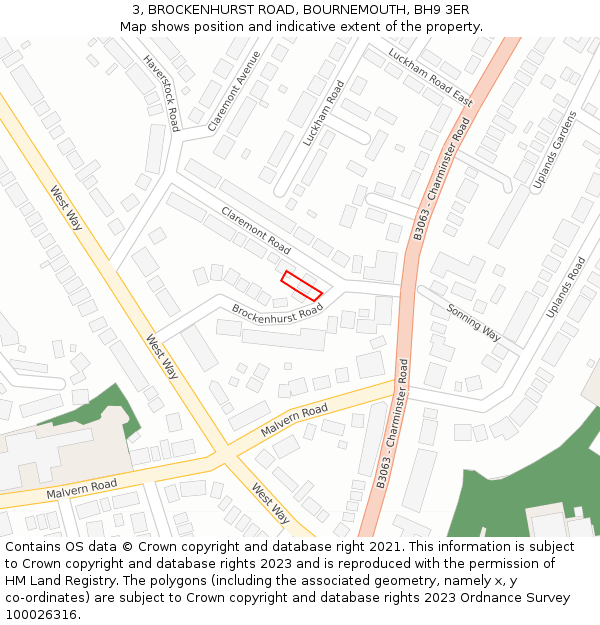 3, BROCKENHURST ROAD, BOURNEMOUTH, BH9 3ER: Location map and indicative extent of plot