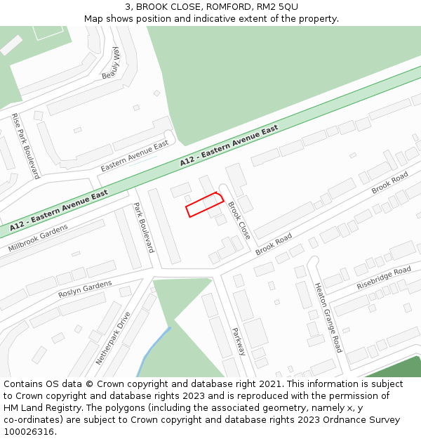 3, BROOK CLOSE, ROMFORD, RM2 5QU: Location map and indicative extent of plot