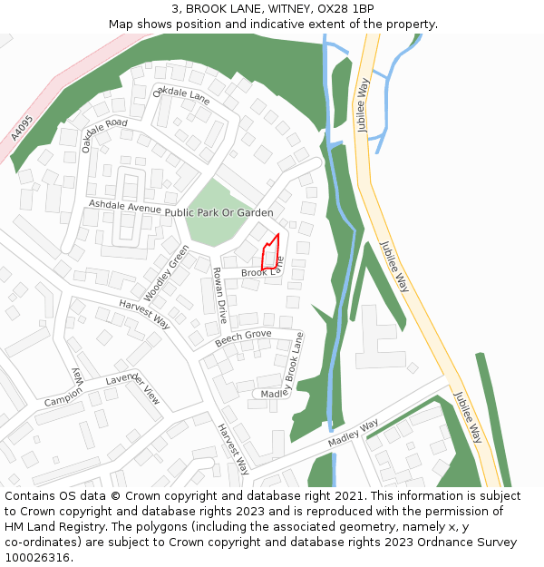 3, BROOK LANE, WITNEY, OX28 1BP: Location map and indicative extent of plot