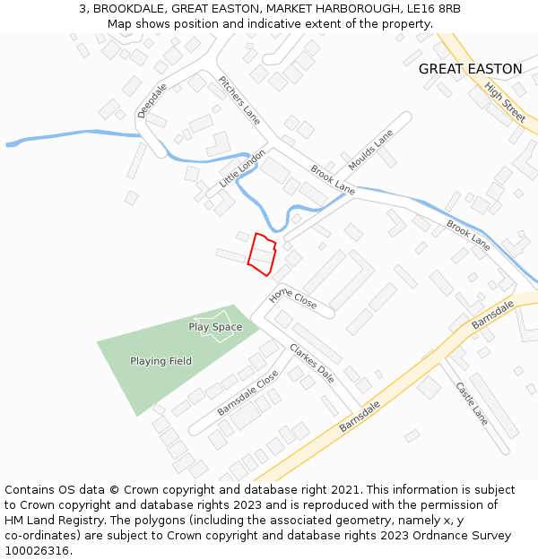 3, BROOKDALE, GREAT EASTON, MARKET HARBOROUGH, LE16 8RB: Location map and indicative extent of plot