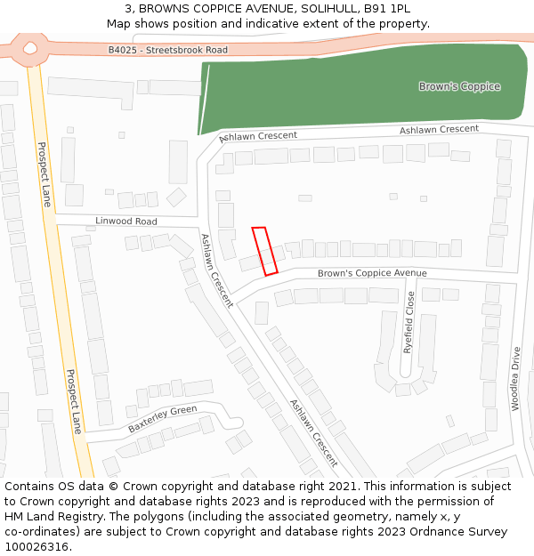 3, BROWNS COPPICE AVENUE, SOLIHULL, B91 1PL: Location map and indicative extent of plot