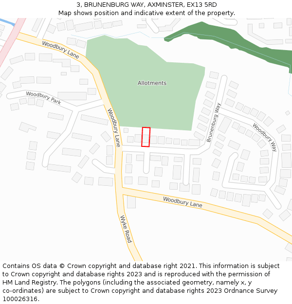 3, BRUNENBURG WAY, AXMINSTER, EX13 5RD: Location map and indicative extent of plot