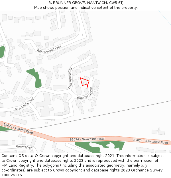 3, BRUNNER GROVE, NANTWICH, CW5 6TJ: Location map and indicative extent of plot