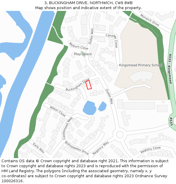 3, BUCKINGHAM DRIVE, NORTHWICH, CW9 8WB: Location map and indicative extent of plot