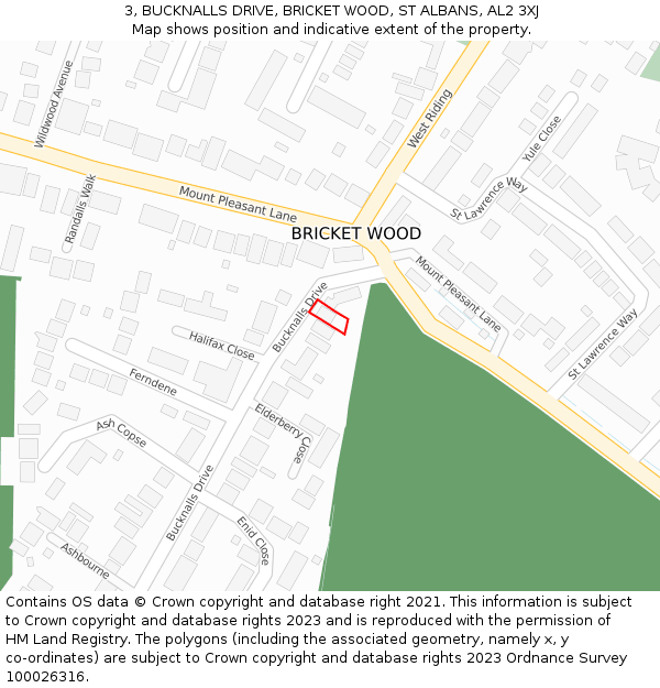 3, BUCKNALLS DRIVE, BRICKET WOOD, ST ALBANS, AL2 3XJ: Location map and indicative extent of plot