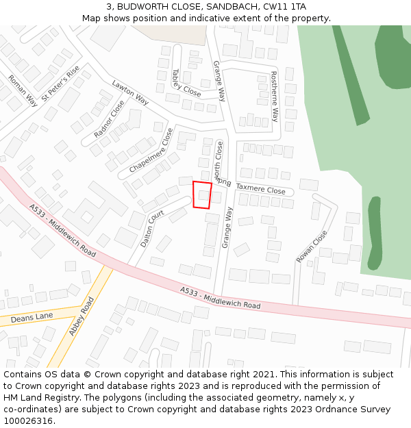 3, BUDWORTH CLOSE, SANDBACH, CW11 1TA: Location map and indicative extent of plot