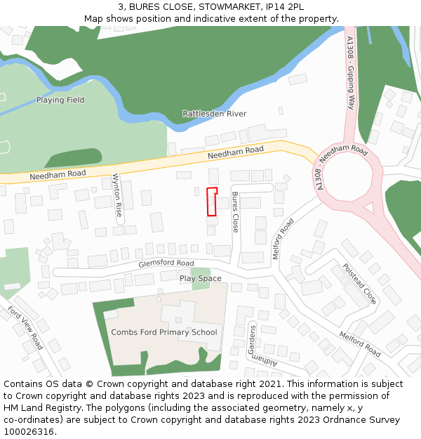 3, BURES CLOSE, STOWMARKET, IP14 2PL: Location map and indicative extent of plot