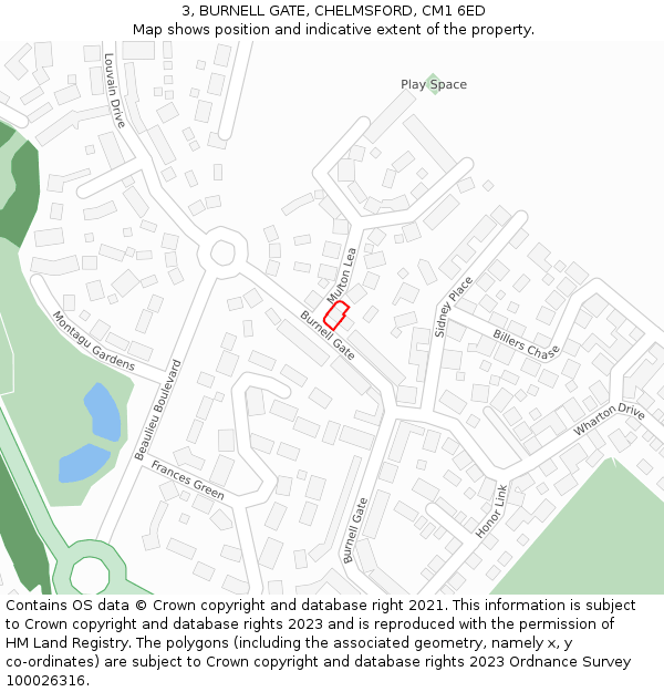 3, BURNELL GATE, CHELMSFORD, CM1 6ED: Location map and indicative extent of plot