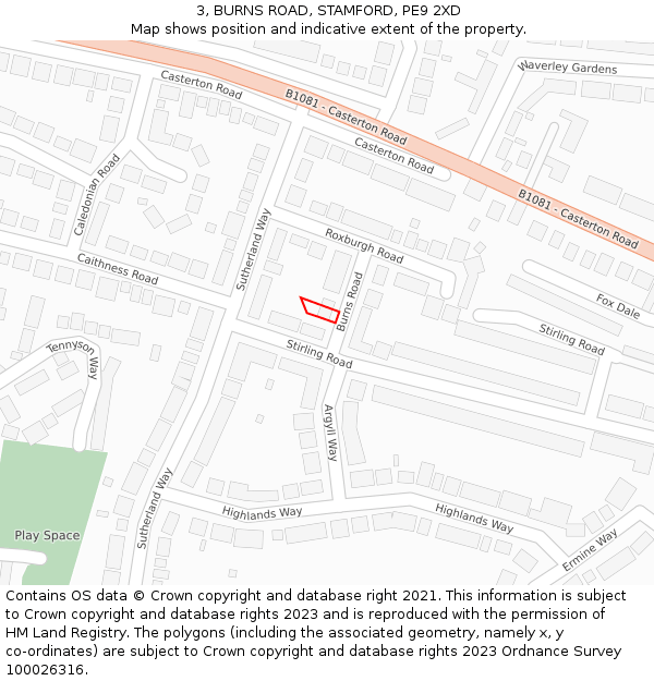 3, BURNS ROAD, STAMFORD, PE9 2XD: Location map and indicative extent of plot