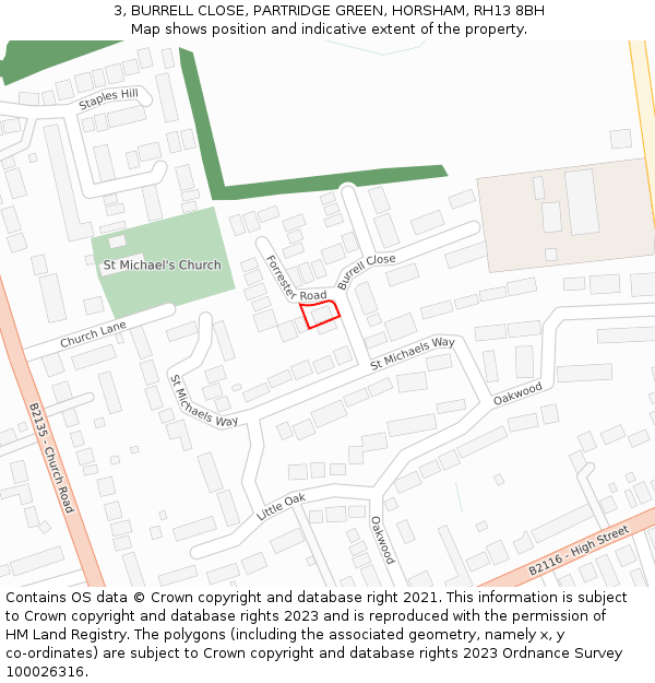 3, BURRELL CLOSE, PARTRIDGE GREEN, HORSHAM, RH13 8BH: Location map and indicative extent of plot