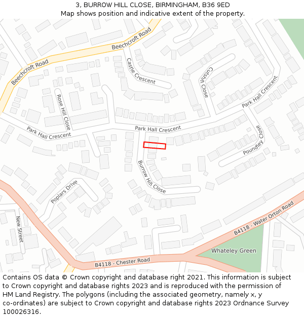 3, BURROW HILL CLOSE, BIRMINGHAM, B36 9ED: Location map and indicative extent of plot