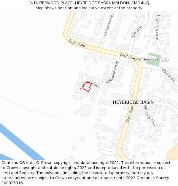 3, BURRSWOOD PLACE, HEYBRIDGE BASIN, MALDON, CM9 4UQ: Location map and indicative extent of plot