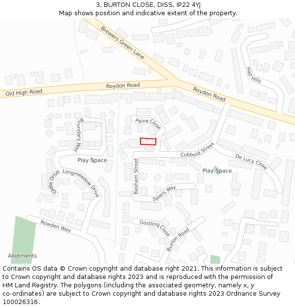 3, BURTON CLOSE, DISS, IP22 4YJ: Location map and indicative extent of plot